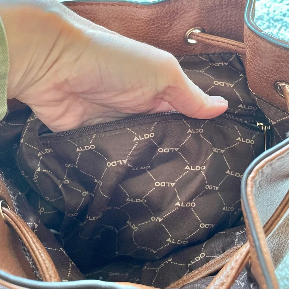 ALDO Drawstring Brown Backpack Adjustable Straps Snap Flap Closure - Picture 6 of 16